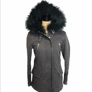 Maje Racoon Fur Gray Hooded Parka Jacket Coat